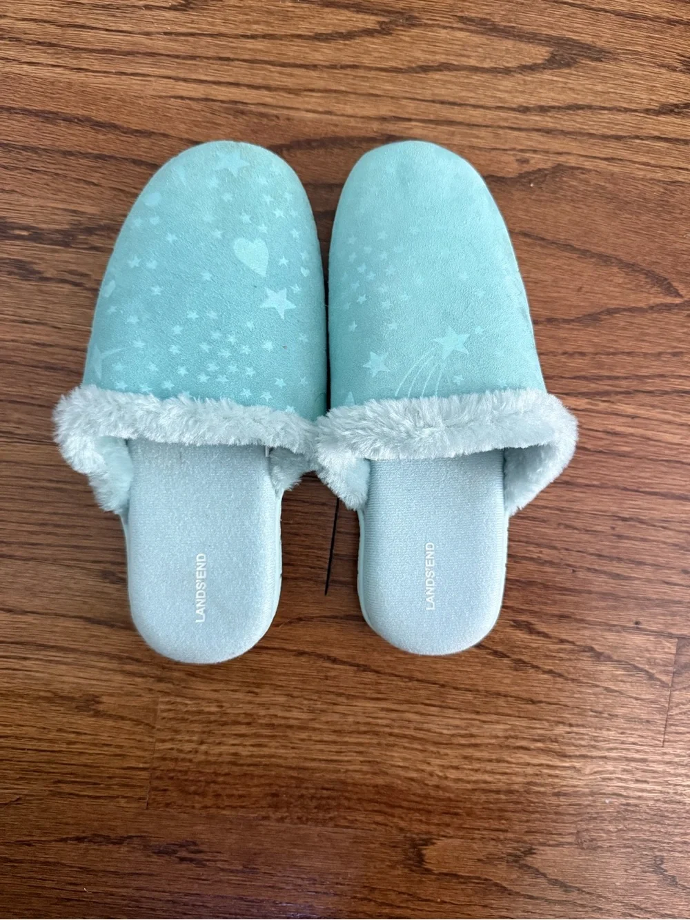 Lands' End Kids Slide Slippers with Faux Fur, Star & Heart Print Size 2